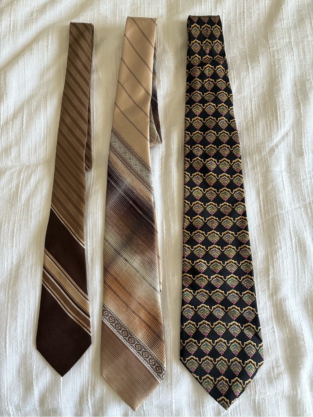 Set of Three Brown, Beige and Black Patterned Silk Necktie Trio